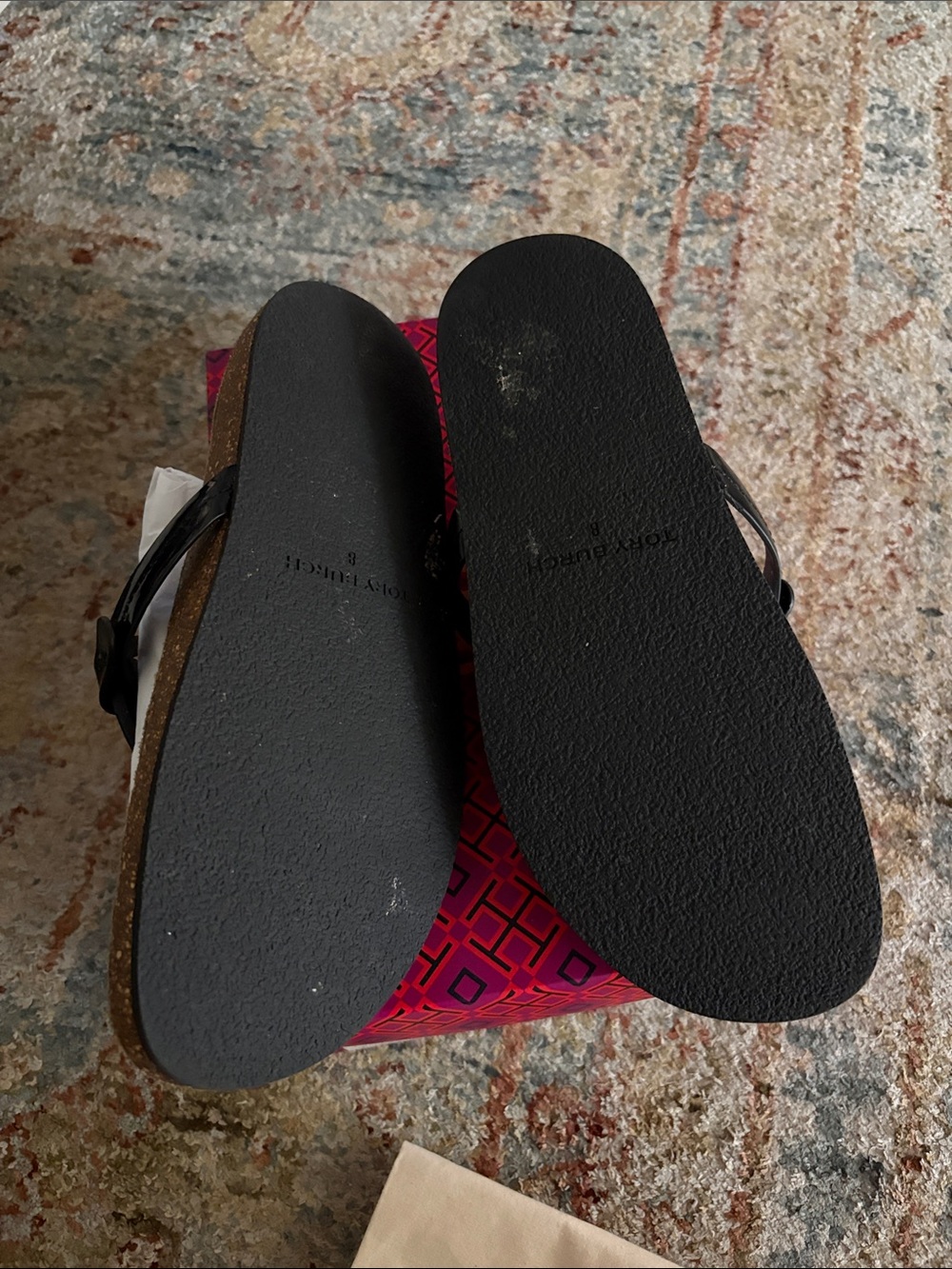 Tory Burch Miller Cloud Patent Leather Black Thong Sandals - Picture 2 of 4